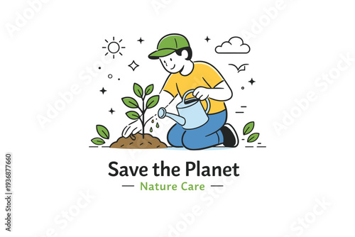 Save the planet nature care. A person planting a small tree and watering it, representing growth, sustainability, and long-term care. Peaceful action with soft