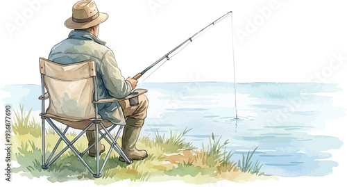 Canvas-taulu Man sitting in folding chair fishing at the water edge illustration