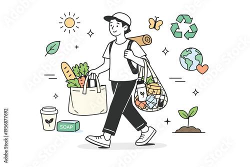 Eco lifestyle shopping. A modern scene of sustainable shopping with a person carrying reusable bags and eco products. Conscious consumption, relaxed mood,