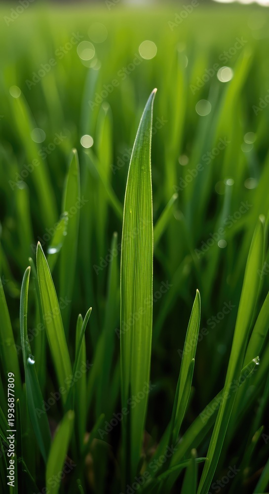 Obraz premium Extreme close-up of vibrant green grass blades in a sunny field, showing fine textures and soft focus bokeh background ,wallpaper ,blade ,outdoor