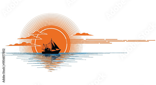 A stylized illustration depicts a sailboat silhouetted against a radiant orange sunset over the ocean
