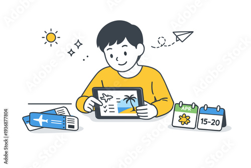 Spring vacation planning. A person reviewing travel plans on a tablet with tickets and calendar cards nearby. The mood is focused yet cheerful, suggesting