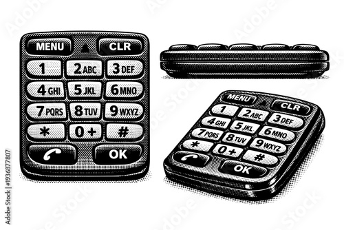 Early mobile phone keypad A detailed keypad of a vintage mobile phone presented as one object in three views including top, side, and angled, focusing on