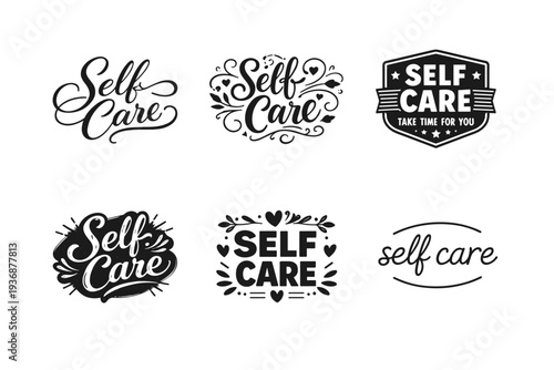 Self Care. Set lettering. harmonious lettering variations of the same emblematic concept, each with different artistic interpretation (Elegant script with