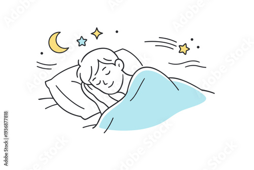 Sleep and rest. A person peacefully lying in bed with a soft blanket, showing relaxation and restorative rest. Gentle, cozy scene with subtle floating abstract