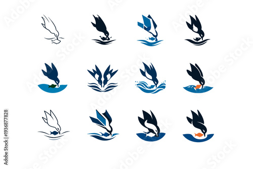 Seabirds hunting marine life. Icon set. Set Logo of Seabirds hunting marine life: seabird diving into water. harmonious logo variations of the same emblematic