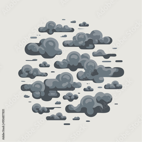 A circular arrangement of stylized, dark gray clouds against a light gray background, evoking a sense of overcast or stormy weather