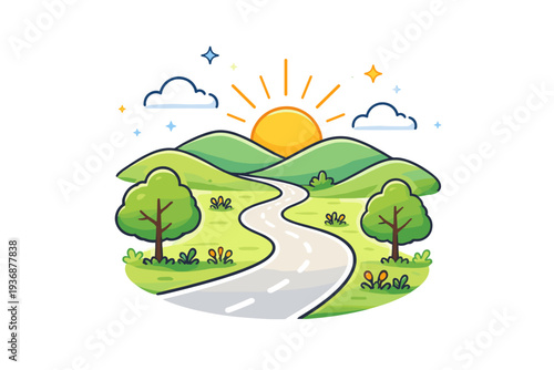 Countryside travel mood shown through a winding road leading toward distant hills and a rising sun, symbolizing escape, exploration, and peaceful journeys