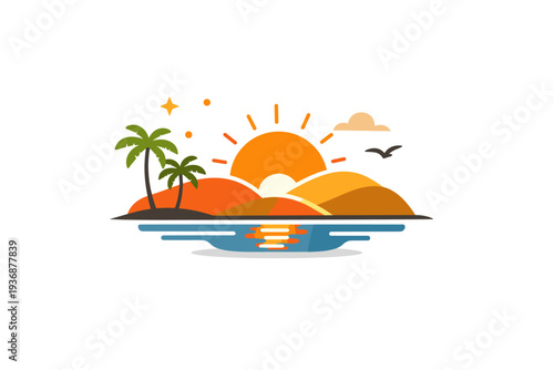 Summer vibes golden hour atmosphere captured with a low sun and soft horizon shapes, expressing warmth, nostalgia and peaceful evenings. Minimalist flat vector