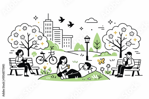 Urban spring park. City residents relaxing on benches and grass among flowering trees surrounded by buildings, combining nature and architecture. Peaceful