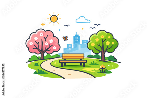 Spring city park capturing a peaceful urban green space with blooming trees, a winding path, and a simple bench, expressing relaxation, balance, and everyday