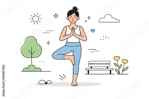 Outdoor activity fitness. A focused yet approachable scene of light outdoor exercise such as stretching or yoga in a park. Calm concentration, balance, gentle