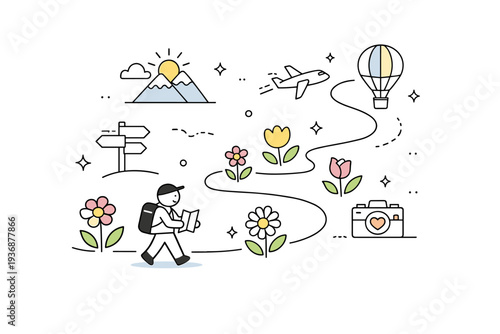Spring exploration concept. A minimal abstract scene combining paths, flowers, and icons of travel in a clean composition. The illustration communicates