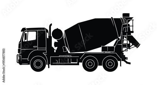 A black silhouette depicting a side view of a heavy duty concrete mixer truck high quality professional
