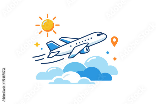 Summer travel illustrated through a simple airplane flying above soft clouds and a bright sun, expressing movement, adventure, and easy seasonal exploration in