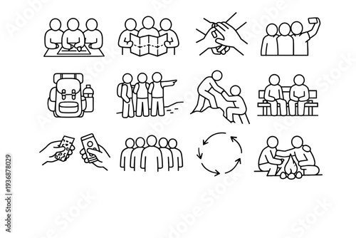 Group Outdoor Activities. Line icon set of Group Outdoor Activities: group planning, shared map, teamwork hands, group selfie, shared backpack gear, trail