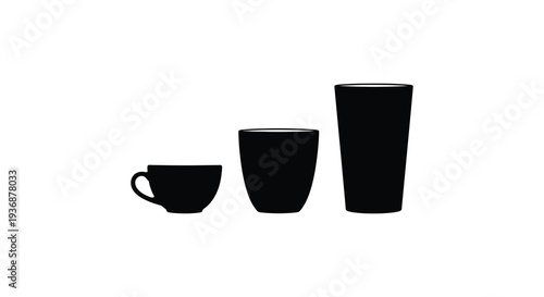 Minimalist illustration of three black silhouettes of varying sized cups against a white background high quality