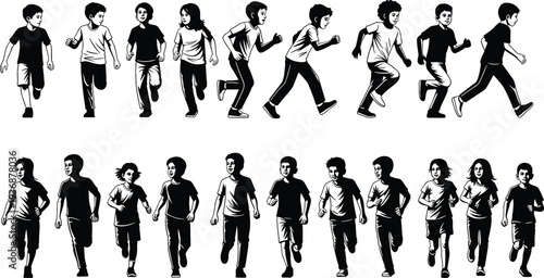 Kids running character sequence collection, children jogging and sprinting poses for animation reference, cartoon style vector illustration isolated on white