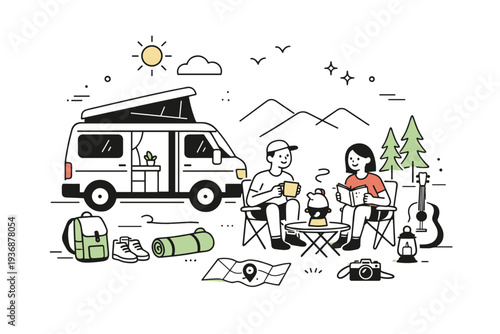 Camper van lifestyle. A friendly scene showing a van parked in nature with simple travel items nearby. The illustration conveys slow living, comfort, and