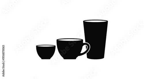 A minimalist illustration depicting three black silhouettes of different sized drinking vessels high quality professional detailed