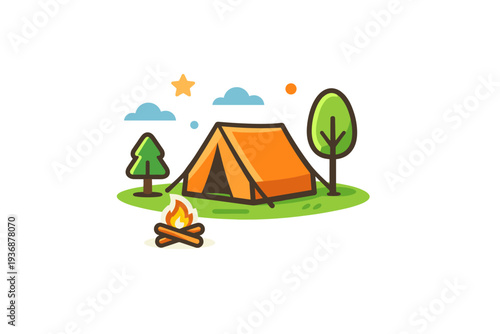 Outdoor adventure camping scene illustrated by a compact tent and minimal trees, suggesting shelter, simplicity and connection with nature. A friendly visual