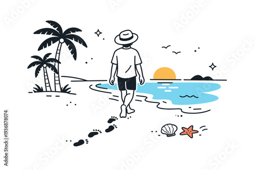 Summer beach walk. A relaxed scene of a person walking along the shoreline with footprints in the sand and palm silhouettes nearby. The illustration conveys