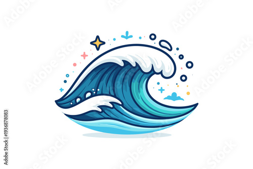Ocean waves in motion illustrated by a cresting wave with small splash details, communicating energy, freshness and continuous change. A compact visual badge