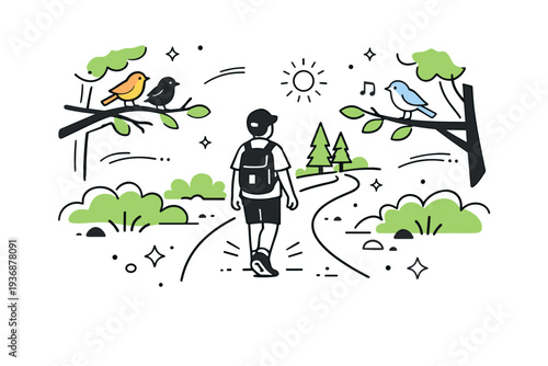 Forest trail exploration. A person walking along a sunlit forest path, birds perched on branches, soft shadows creating peaceful and immersive summer nature