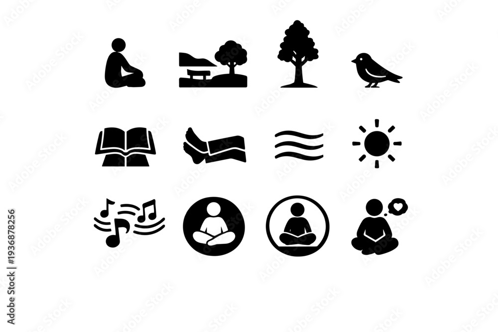 Obraz premium Solitude in nature. Solid icon set of Solitude in nature: single person sitting, wide park space, tall tree, quiet bird, open book on lap, relaxed legs, still