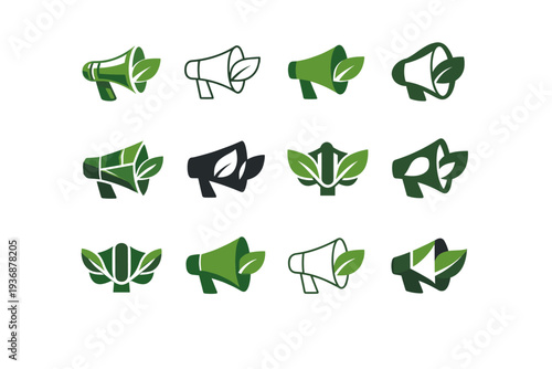 Sustainable fashion influencers and activists. Icon set. Set Logo of Sustainable fashion influencers and activists: activist megaphone with leaf. harmonious