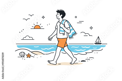 Beach vacation. A person walking barefoot near the sea with a towel over the shoulder, calm waves and open space around. The scene expresses freedom, warmth,