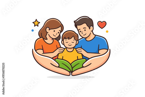 Happy family focused on emotional wellbeing with adults gently supporting a child, symbolizing care, protection, and nurturing relationships. A soft and