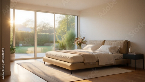 Foto Bright modern bedroom features a comfortable bed bathed in morning sun overlooking a tranquil garden