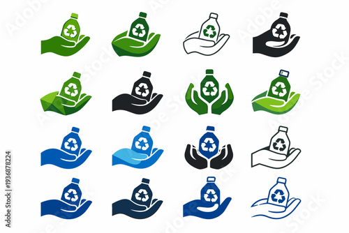 Regulations and policies promoting recycling. Icon set. Set Logo of recycling: hand holding recyclable item. harmonious logo variations of the same emblematic