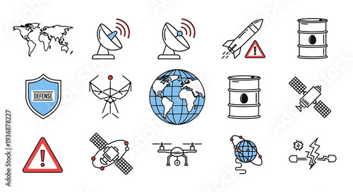Comprehensive collection of strategic global communication, defense, and technology icons depicting surveillance, resource management, and international security operations