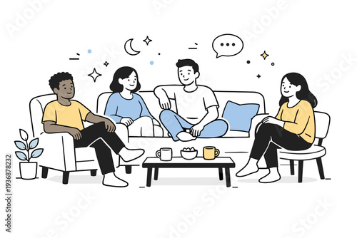 Home gathering with friends. Friends sitting on a sofa and chairs, relaxed posture and soft smiles, enjoying a quiet evening together. The illustration conveys
