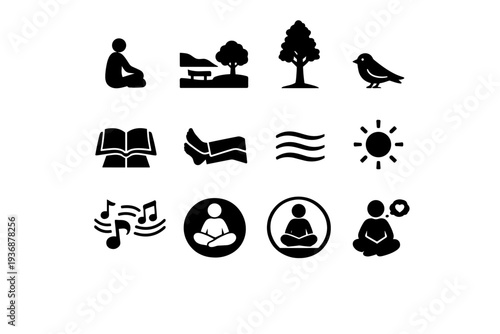 Solitude in nature. Solid icon set of Solitude in nature: single person sitting, wide park space, tall tree, quiet bird, open book on lap, relaxed legs, still