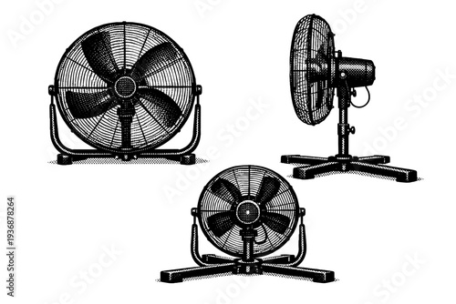 Industrial fan floor-mounted base. A realistic industrial fan with a sturdy floor-mounted base is depicted as a single object shown in three views emphasizing