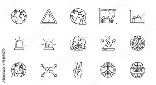 A versatile collection of line icons representing global challenges, environmental warnings, data analysis, and symbols of peace and connectivity for modern digital design