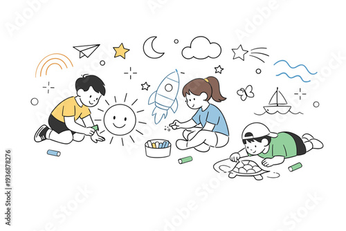 Kids summer fun creativity. Children drawing with chalk on the ground, expressing imagination and calm focus. Friendly interaction with colorful abstract