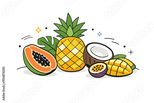 Tropical fruit still life. Close-up of halved and whole tropical fruits on a simple table, highlighting textures and vibrant colors. Calm, editorial style