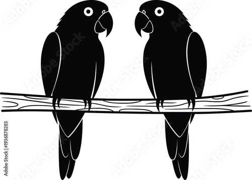 Parrot silhouette pair sitting on tree branch, tropical bird wildlife icon isolated on white background, nature vector illustration