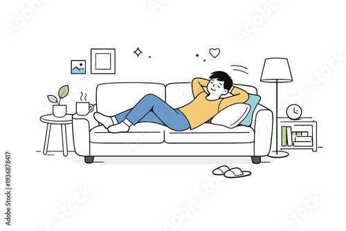 Relax time at home. A peaceful editorial scene of a person resting on a sofa, enjoying a quiet break at home. Sense of comfort and safety, soft cushions,