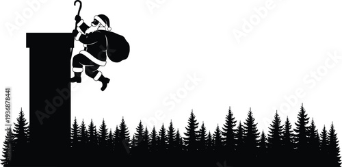 Santa Claus climbing chimney silhouette with gift sack above winter forest, Christmas holiday night scene vector illustration isolated on white