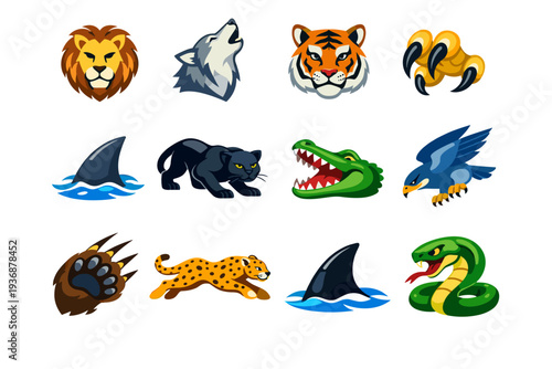 Apex predators. Colorful flat vector icons set of Apex predators: lion head, wolf howl, tiger face, eagle talons, shark fin, panther prowl, crocodile jaws,