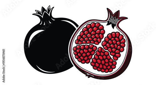 A striking illustration depicts a whole and a halved pomegranate showcasing its vibrant seeds high quality