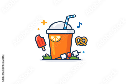Festival summer food moment shown as a simple drink cup with a straw and small decorative accents, suggesting refreshment, casual treats and relaxed enjoyment.