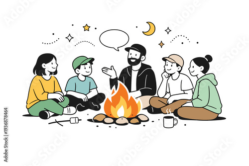 Campfire storytelling. A warm scene of people listening and talking around a fire, creating a sense of connection and calm focus. The illustration feels