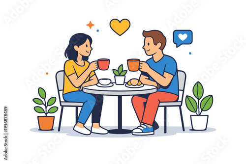 People characters shown as a casual couple sharing a coffee at an outdoor cafe with soft plants and table accents, symbolizing connection, relaxation, and