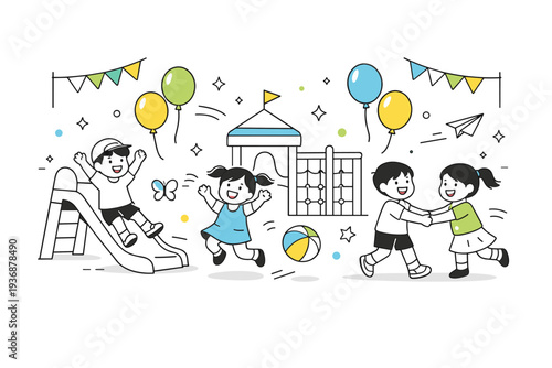 Children?s play area. Kids playing and laughing in a festival playground with colorful balloons and banners, capturing fun and movement. Energetic, joyful